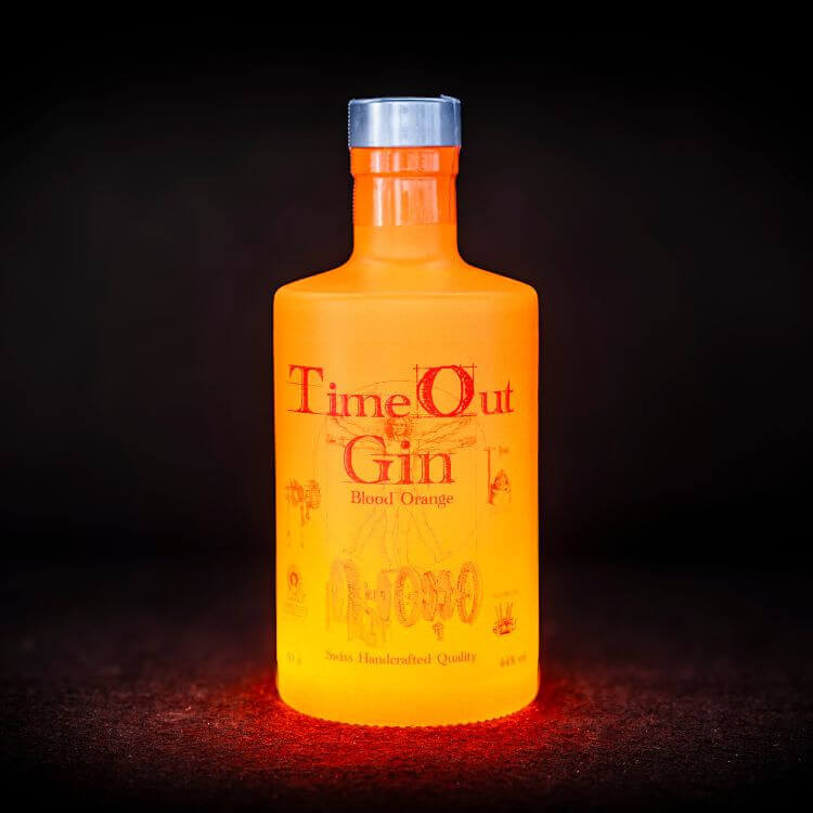 TimeOut Gin Blood Orange 50cl bottle showcasing its vibrant color and unique design for connoisseurs.