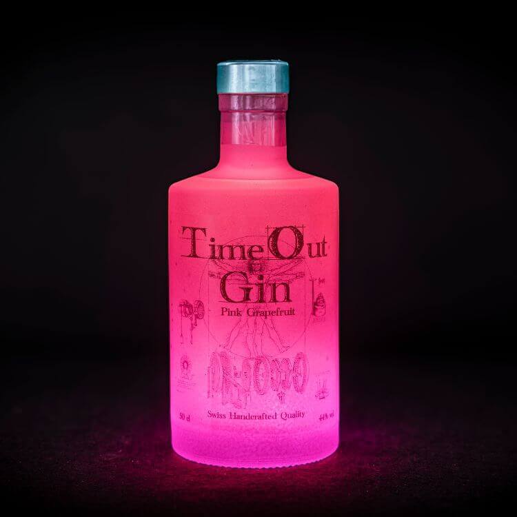 Timeout Gin Pink Grapefruit 50cl bottle with illuminated design, perfect for gin lovers and cocktails.