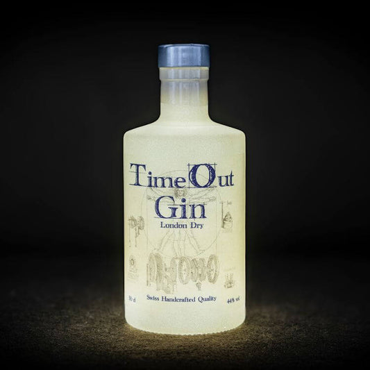 TimeOut Gin London Dry 50cl bottle showcasing Swiss handcrafted quality and premium taste.