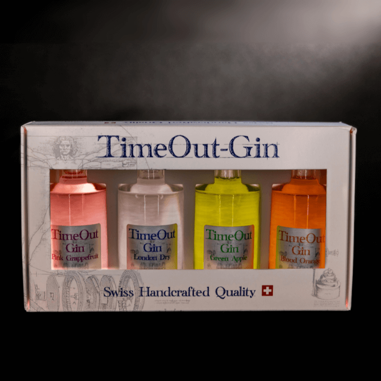 TimeOut Tasting Set featuring four gin flavors: Pink Grapefruit, London Dry, Green Apple, and Blood Orange.