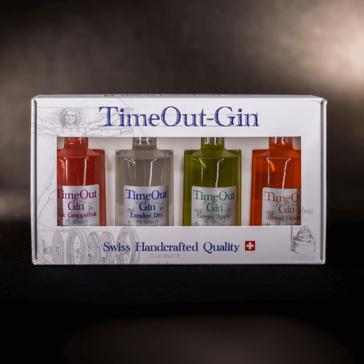 TimeOut Tasting Set featuring four 5cl gin flavors: Grapefruit, London Dry, Green Apple, and Blood Orange.