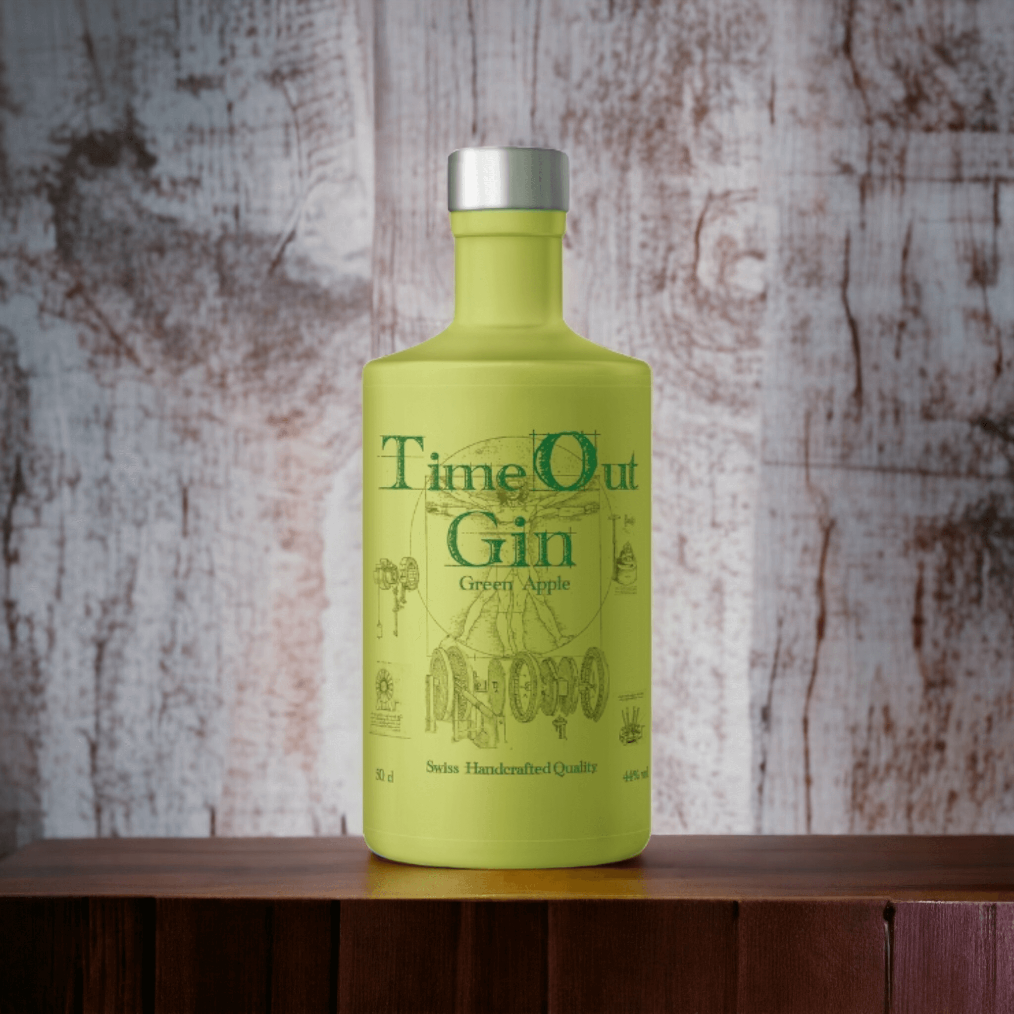 TimeOut Gin Green Apple 50cl bottle showcasing its vibrant green color and Swiss craftsmanship.