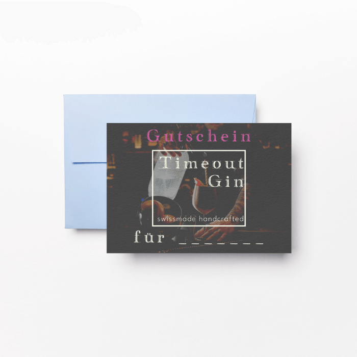TimeOut Gin Gutschein mit blauer Umschlag, für Genuss und persönliche Auszeiten.