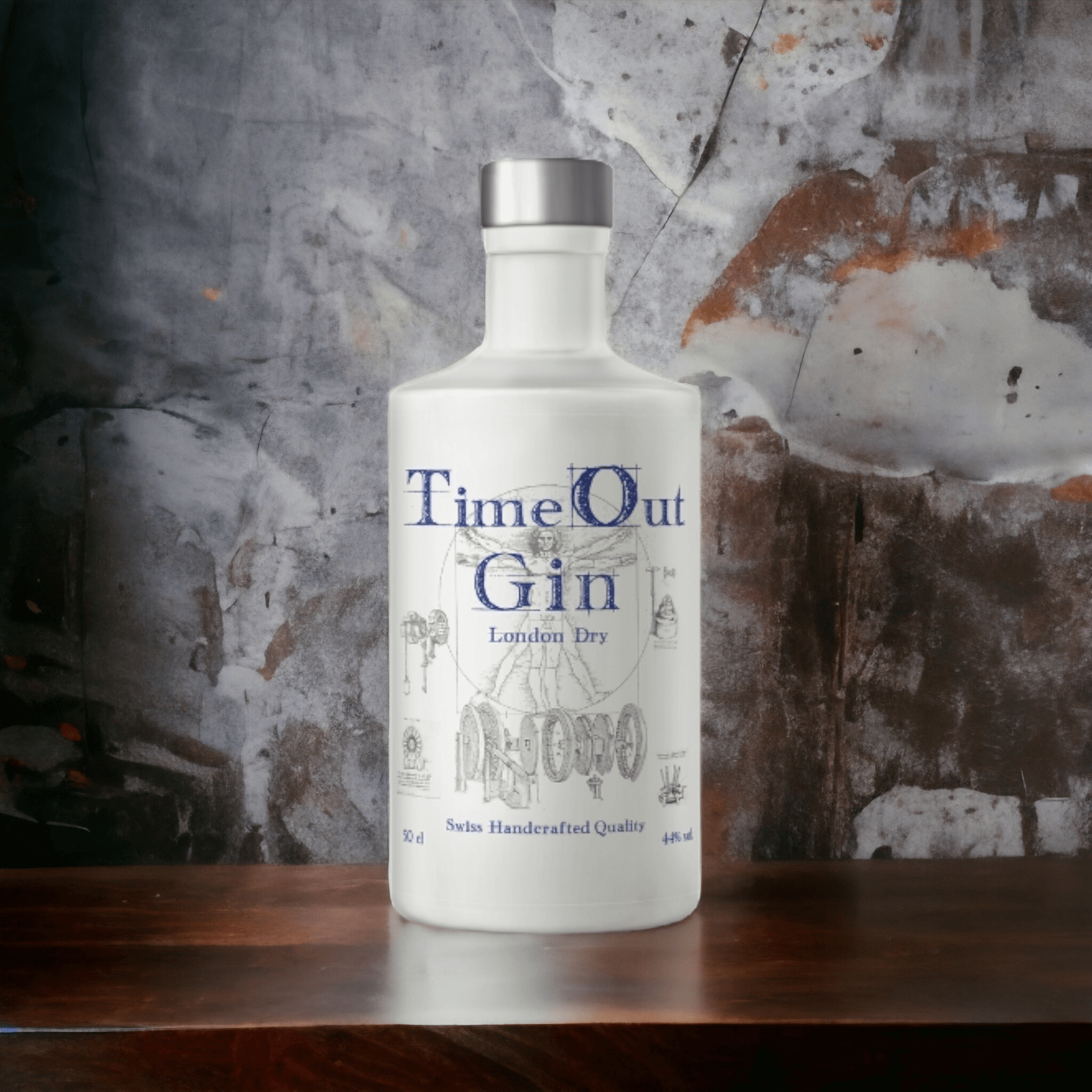 TimeOut London Dry Gin bottle, Swiss handcrafted quality, showcasing premium gin enjoyment with complex flavors.