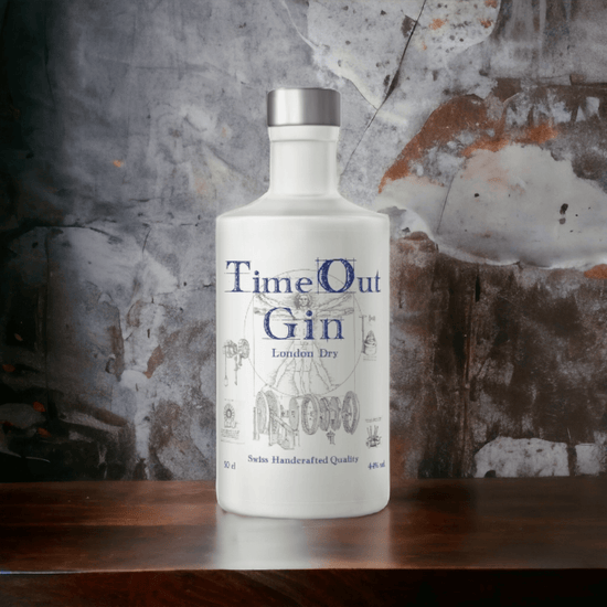 TimeOut London Dry Gin bottle, Swiss handcrafted quality, showcasing premium gin enjoyment with complex flavors.