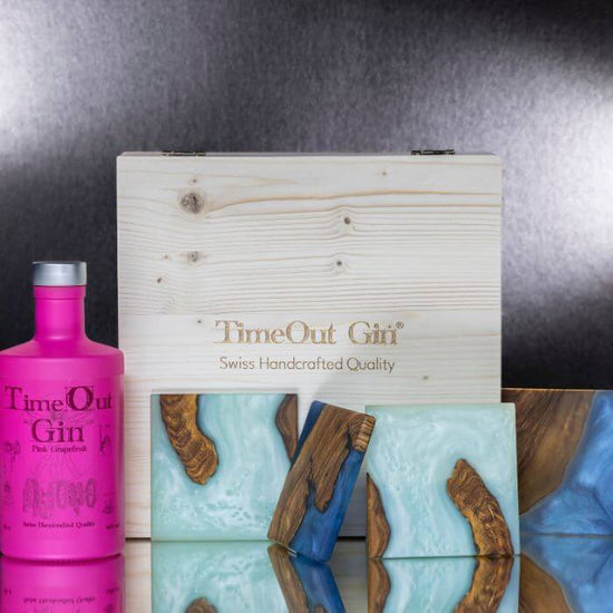 Exquisite TimeOut Gin gift box featuring handcrafted gin and elegant wooden coasters, perfect for connoisseurs.