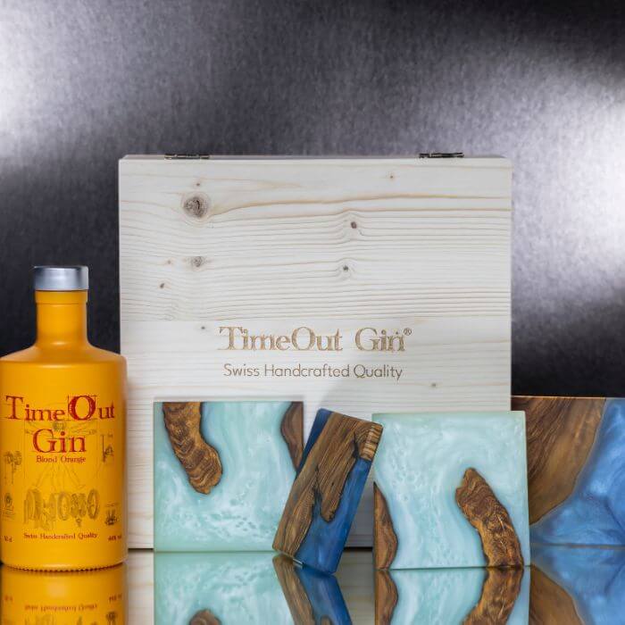 TimeOut Gin gift set showcasing handcrafted gin in stylish box with unique coasters, perfect for connoisseurs.