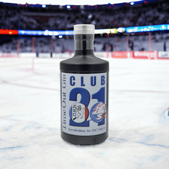 ZSC Club 21 Edition TimeOut Gin bottle on ice rink, showcasing Swiss handcrafted quality and perfect for cocktails.