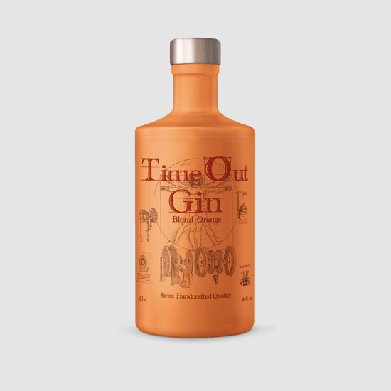 TimeOut Gin Blood Orange bottle showcasing Swiss handcrafted quality and citrus freshness for gin enthusiasts.