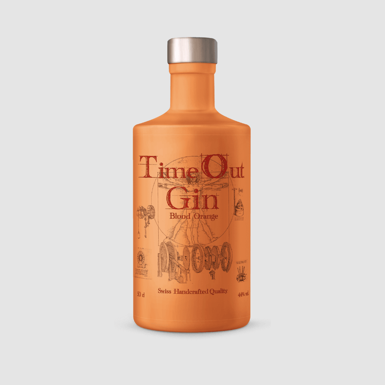 TimeOut Gin Blood Orange bottle showcasing Swiss handcrafted quality and citrus freshness for gin enthusiasts.