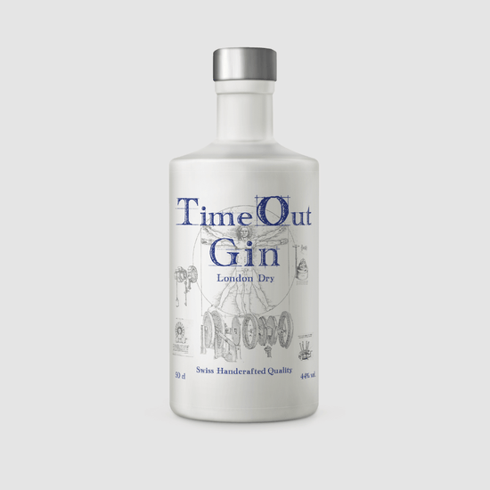 TimeOut Gin London Dry 50cl bottle showcasing Swiss craftsmanship and unique flavor profile for gin lovers.