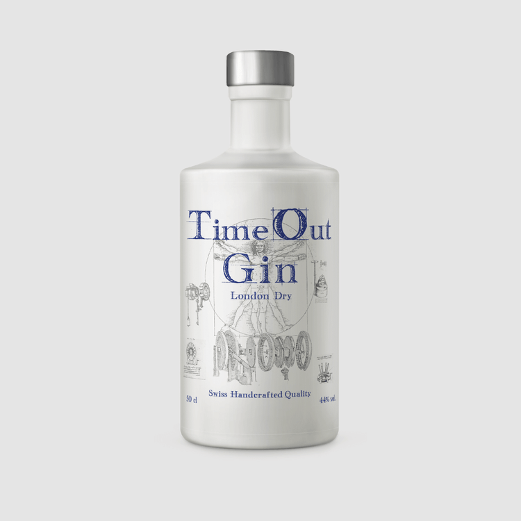 TimeOut Gin London Dry 50cl bottle showcasing Swiss craftsmanship and unique flavor profile for gin lovers.