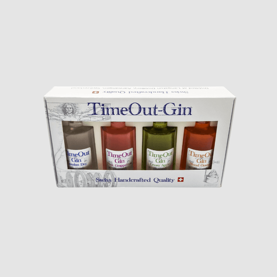 TimeOut Tasting Set featuring four 5cl bottles of unique TimeOut Gin flavors for quality tasting experiences.