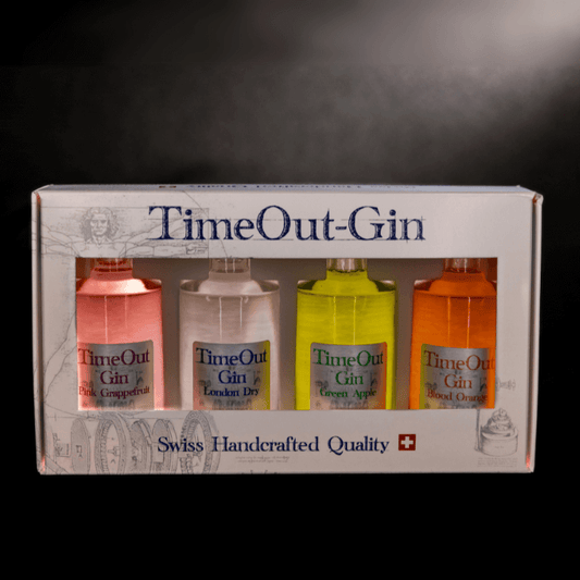 TimeOut Tasting Set featuring four gin flavors: Pink Grapefruit, London Dry, Green Apple, and Blood Orange.