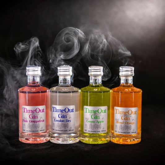 TimeOut Tasting Set displaying four gin flavors: Pink Grapefruit, London Dry, Green Apple, and Blood Orange.