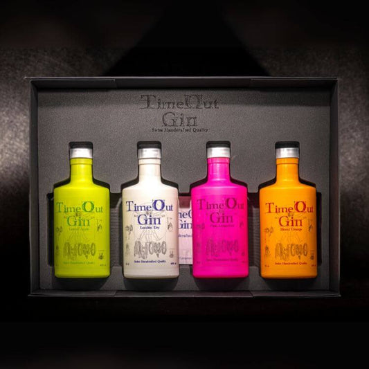 Exklusive TimeOut Geschenkbox mit verschiedenen Flaschen TimeOut Gin für genussvolle Momente.