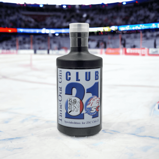 ZSC Club 21 Edition TimeOut Gin bottle on ice rink, showcasing Swiss handcrafted quality and perfect for cocktails.